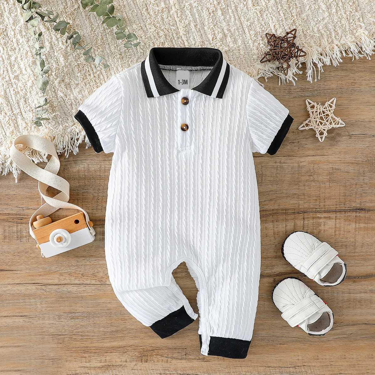 Baby Boys Spring/Summer Short Sleeve Lapel Solid Color For Newborn 1-24M Streetwear Casual Jumpsuit Z250712