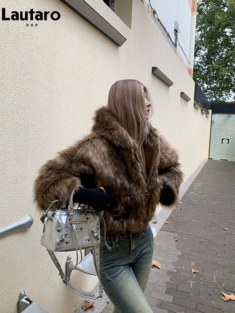 Lautaro Autumn Winter Chic Short Soft Thick Warm Hairy Shaggy Faux Fur Coat Women with Hood Zipper Fluffy Jacket 250708