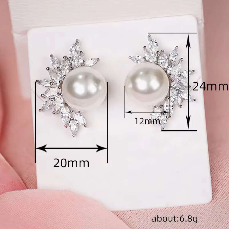 Wholesale Exquisite Womens Silver Plated Pearl Earrings Wedding Engagement Party Cubic Zirconia Stud Earrings for Women