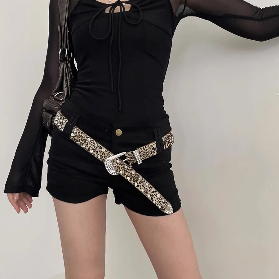 Trendy Sparkling Rhinestone Leopard Belt Woman PU Leather Cheetah Zebra Print Belt Y2k Owboy Cowgirl Jeans Pants Bb Belts 250711