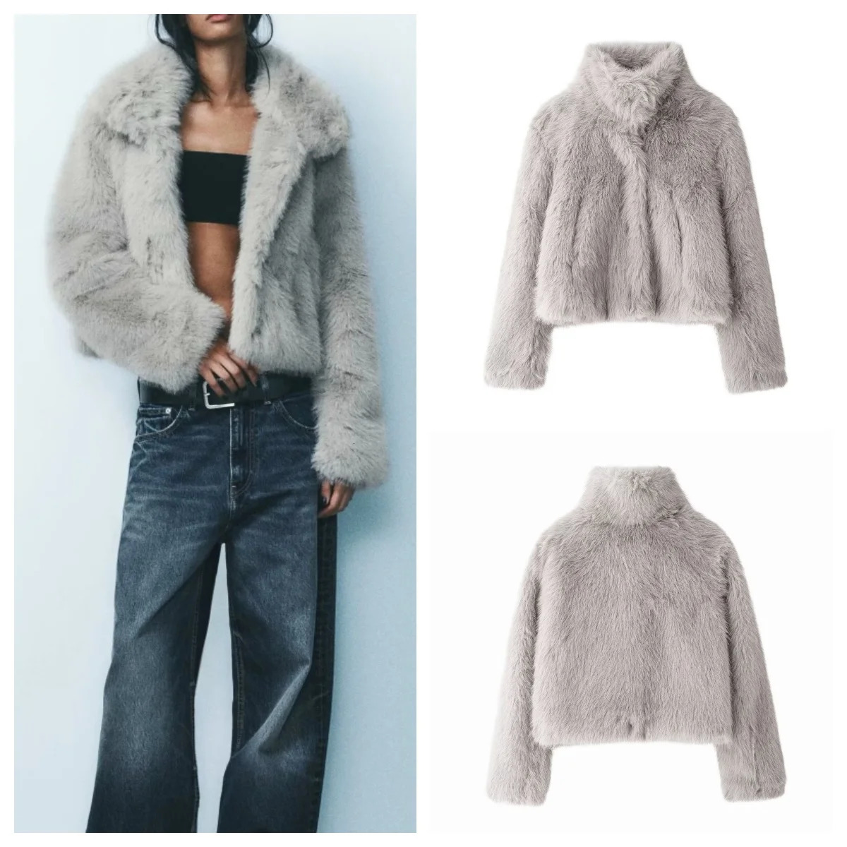 European and American style winter fashion all-match lapel faux fur jacket 250708