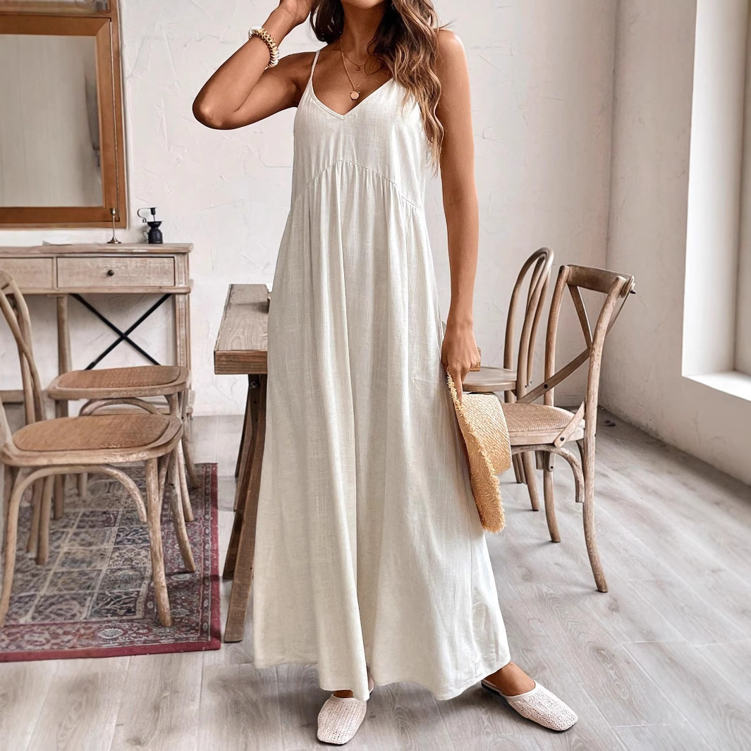 2025 Summer New Women's Fashion Skirt Solid Color Cotton and Hemp Dress Loose Strap Casual A-line Long Skirt New Luxury Designer Women's Ski