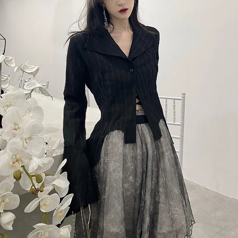 Karrcat Gothic Black Shirts Irregular Yamamoto Style Flare Sleeve Blouse Dark Aesthetic Grunge Clothes Harajuku Mall Goth Tops 250708