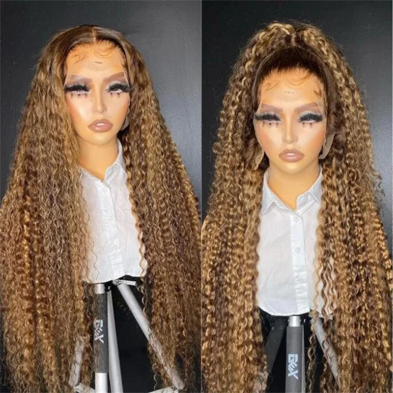 4/27 Highlight Ombre Lace Front Wig Kinky Curly Simular to Really Human Hair Curly 13x4 HD Lace Wig 260% Density Synthetic Hair Wig Curly Wig For Wome