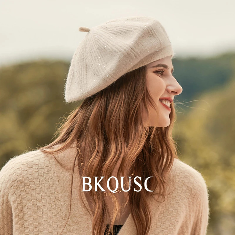 Spring Womens Knitted Beret Hats Female Colorful Velvet Knit Painter Beret Ladies Small Sequins Fashion Artist Berets Caps 250712