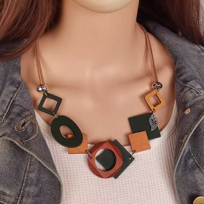 Geetric Wood Accory Wens Bib Necklace Vintage Ethnic Statement Pendants Necklaces for Wen Daily Wear Fashion Jewelry W250712