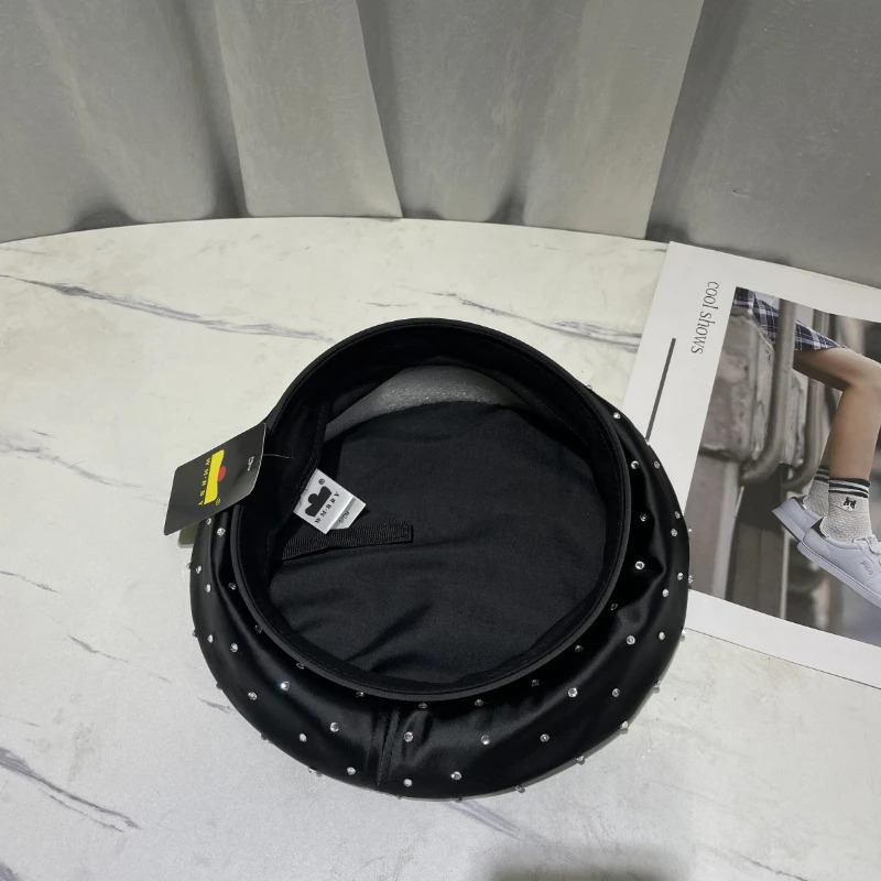 Satin Rhinestone Beret Cap Womens Fashion Black Painter Hat Spring and Autumn Octagonal Hats sboy Gorras Casquette 250712