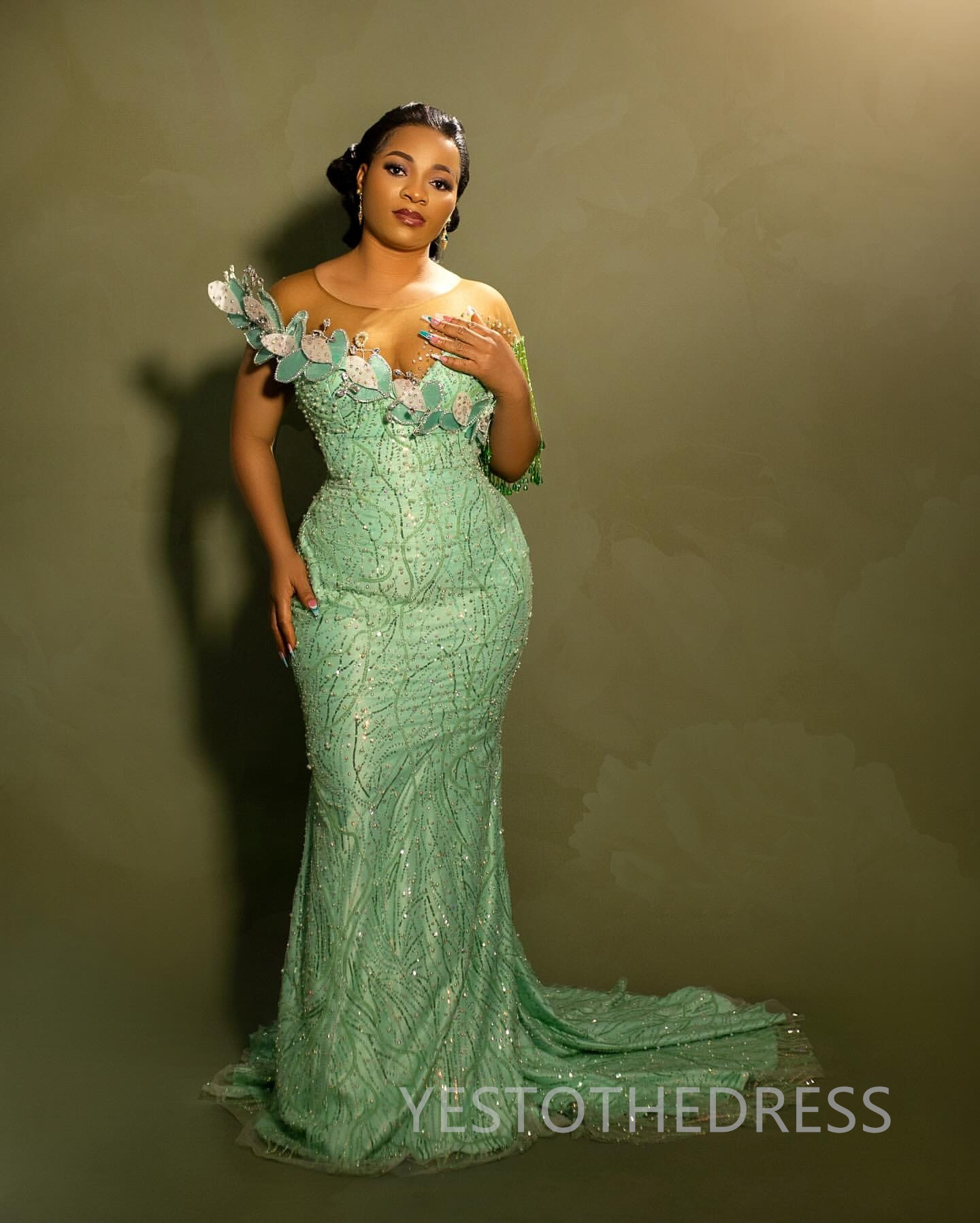 2025 Mint Aso Ebi Prom Dress African Mermaid Prom Dresses Evening Formal Gowns Illusion Sheer Neck Tassel Beaded Lace Birthday Dress Second Reception 