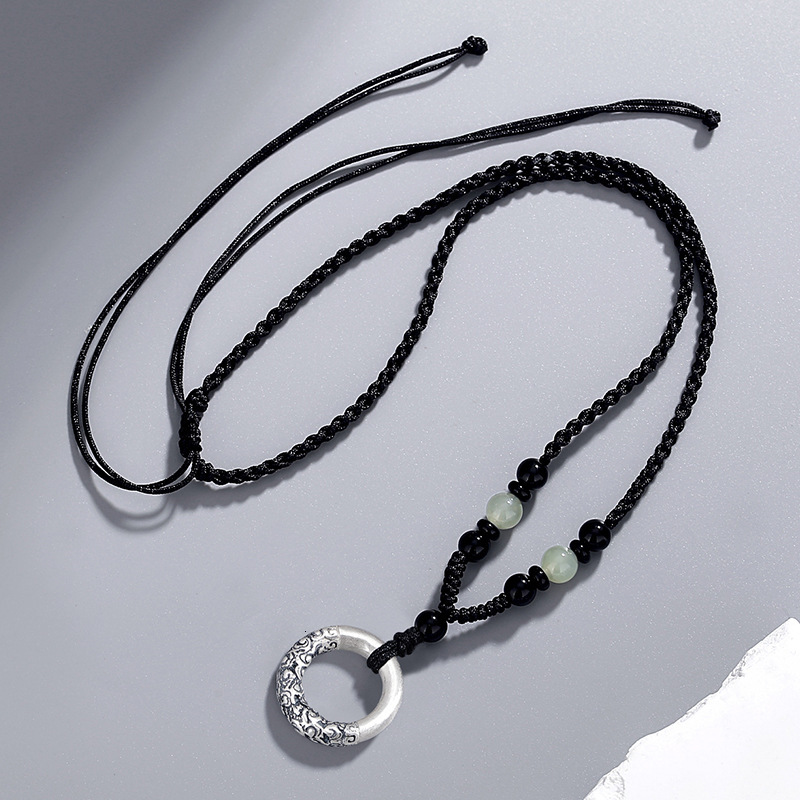 Luxury Jewelry Designer Jewelry Tiqia Real Shot Xiangyun Peace Buckle Necklace For Men, Pure Silver 999, Retro National Trend, Black Agate Beaded Brai