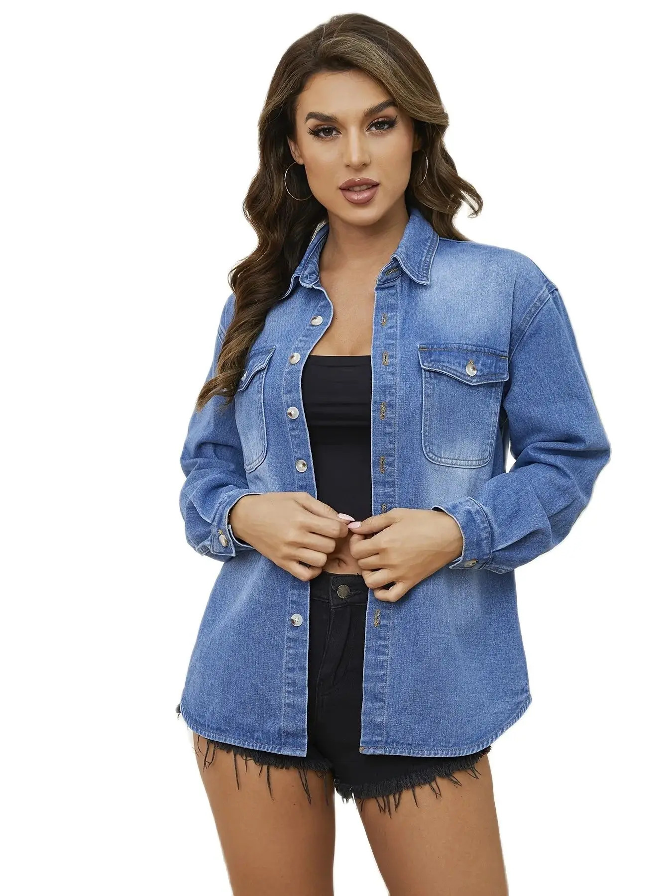 2024 Spring Womens Long Sleeve Denim Shirt Fashion Curved MidLength Jeans Coat Casual Ladies Clothing SXL 250704