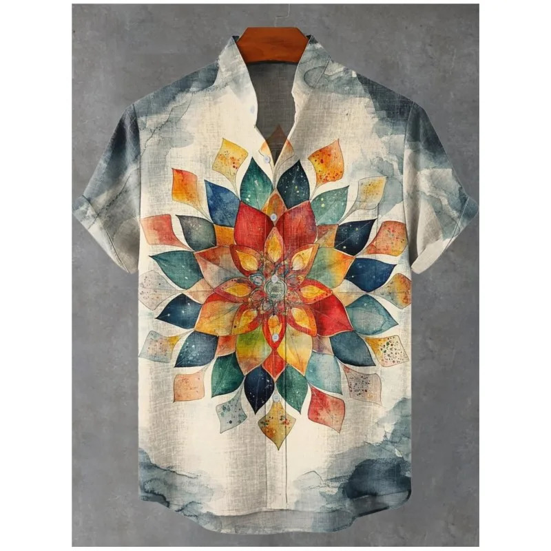Mens Summer Elegant Art Petal Pattern Retro Linen Short Sleeve Shirt Comfortable Casual High Quality Button Top Mens Fashion 250707
