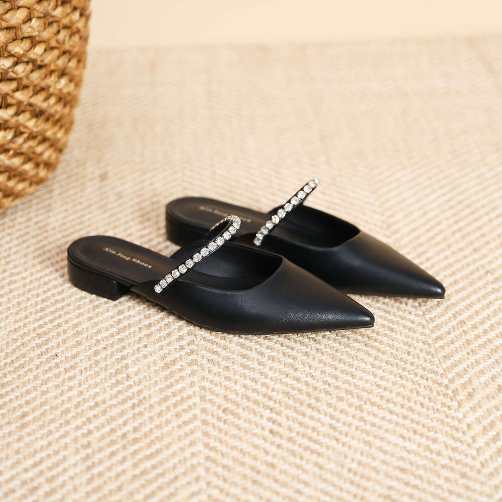 K77-1 Silver Rhinestone Chain Pointed Toe Flat 2024 Spring Style Elegant Light Luxury Sparkling Low Heel Shoes