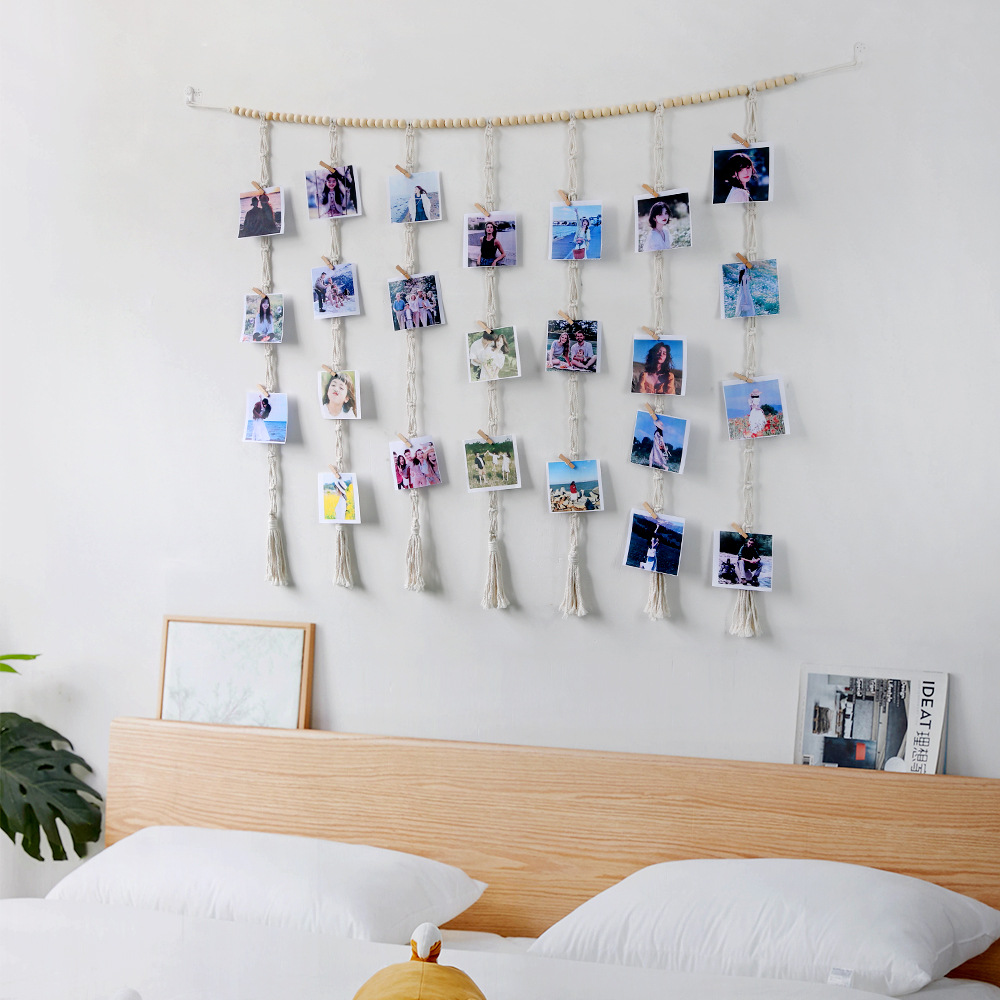 Macrame Hanging Photo Display Wall Decor Boho Wooden Beads Garland Picture Frame Holder with 30 Clips Bedroom Living Room Gifts H260306