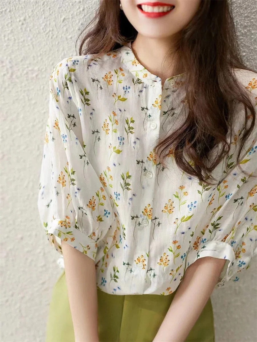 Women Summer Style Blouses Tops Lady Casual Short Puff Sleeve Stand Collar Flower Printed Blusas Tops 250708