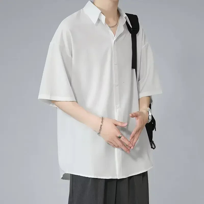 Mens Ice Silk Short Sleeve Shirt Casual Loose Fit Korean Style Trendy Black Shirt For Summer Thin Sleeve Casual 250707