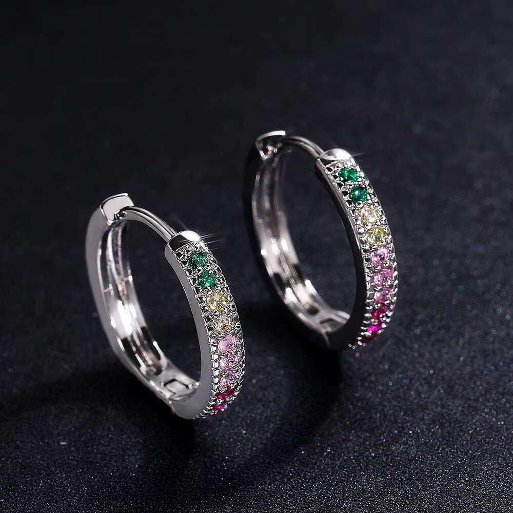Fashion Cheap Wholesale Women Geometric Zircon Color Crystal Jewelry Delicate Rhinestone Small Rainbow Earrings Hoop