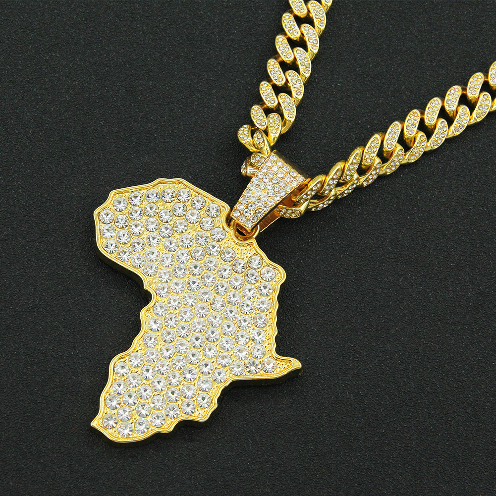 Luxury Jewelry Designer Jewelry European And American Hip-hop Personality Full Diamond Large Map Pendant Necklace Miami Chain Trendy Punk Collarbone C