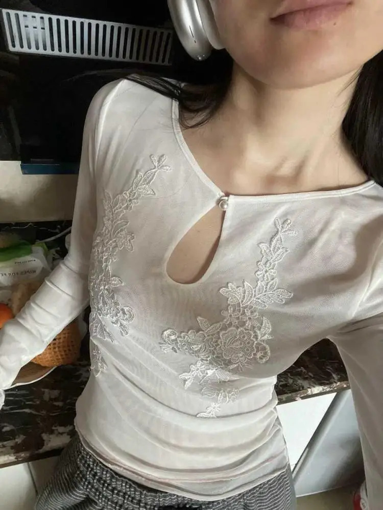 Yedinas Floral Mesh Tops Long Sleeve T Shirt Women Clothes Streetwear Slim Spring Autumn Tops Korean Fashion Tees Tshirts Y2k 250707