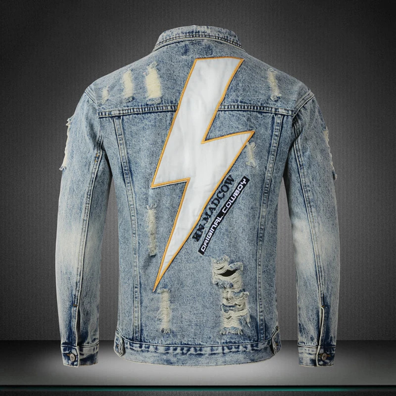 Street er Fashion Men Jacket Retro Blue Flash Embroidery Patched Ripped Denim Jacket Men Coat Y2K Hip Hop Chaquetas Hombre 250710