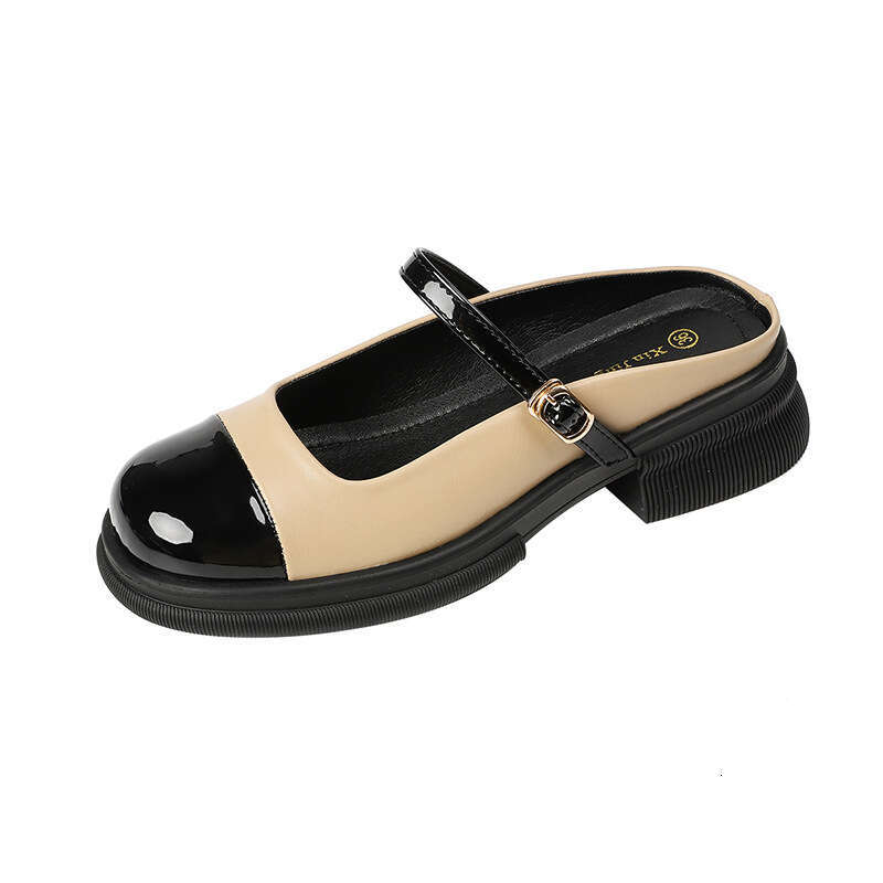 Q1-1 Color Block Mary Jane Shoes for Women British Style Shallow Mouth Niche Design Backless Closed Toe Chunky Heel Slippers