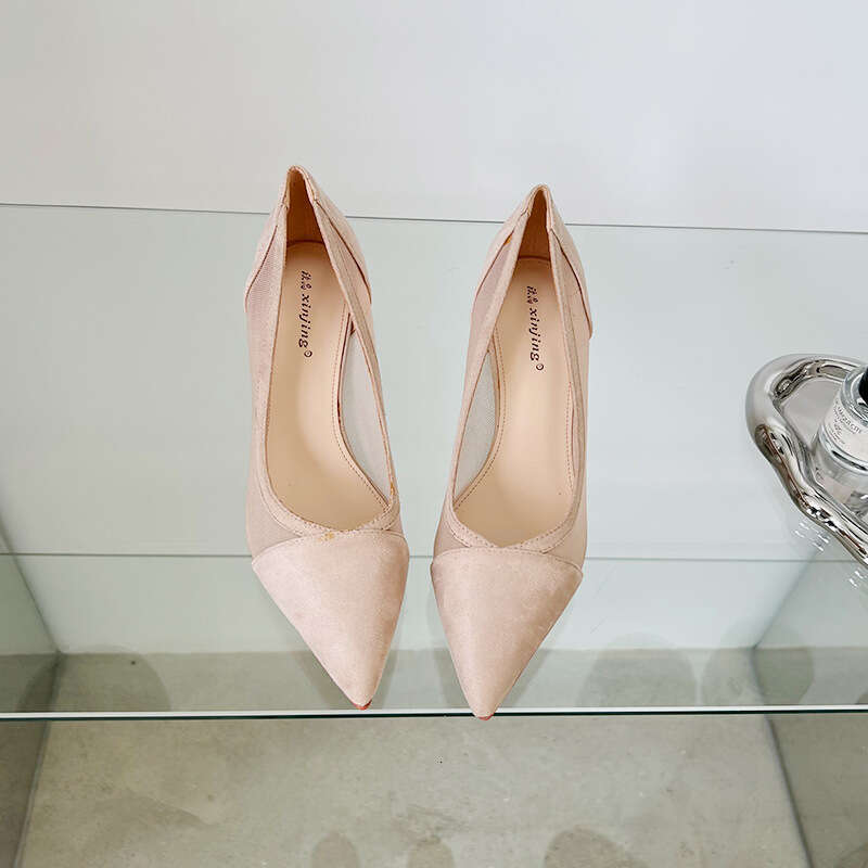 100-2 Breathable Mesh Lace Slip-On Pointed Toe Fashion Women's Simple Closed-Toe Mid-Heel Shoes