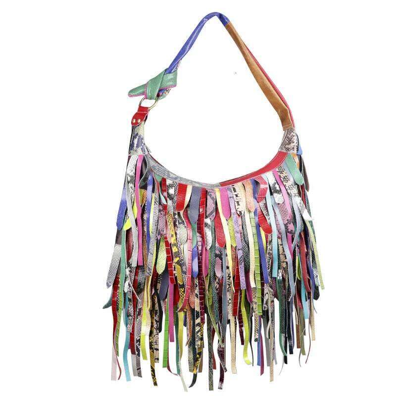 San Maries High Quality Snake Pattern Cowhide Leather Tassels Fashion Tote Women Shoulder Bag Fringe Patchwork Handbags Hobos
