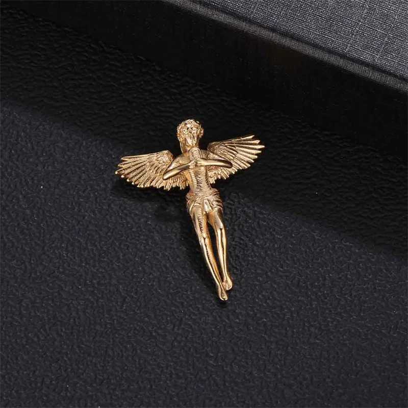 18K Gold Plated Angel Wing Signet 3D Pendant Necklace Hiphops Stainless Steel Cupids Angel Pendant Men Jewelry W250712