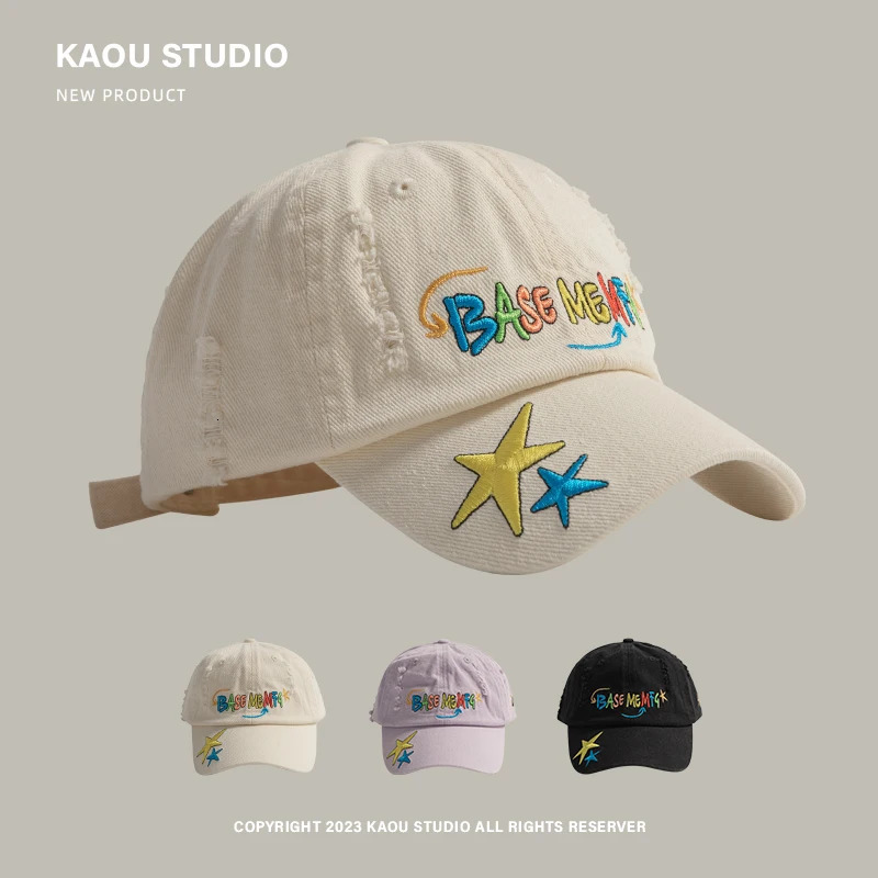 Y2k Cute Star Embroidered Baseball Caps Unisex Spring and Summer Street Fashion Versatile Retro Hole Hip Hop Hats for Women 250711
