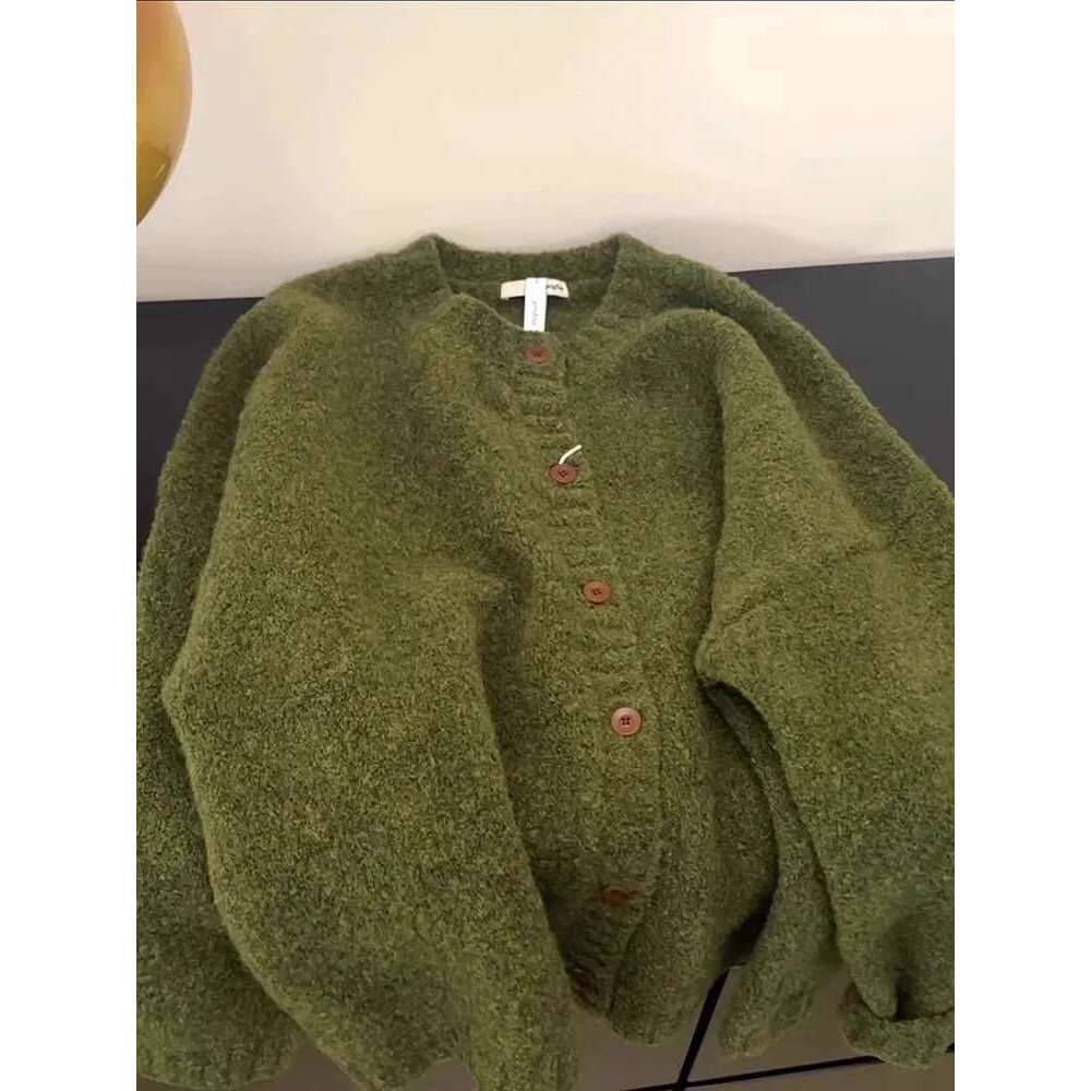 Retro Green Knitted Cardigan Women's New Autumn/Winter Round Neck Single Breasted Soft Thick Sweater Loose Casual Commuting Coat