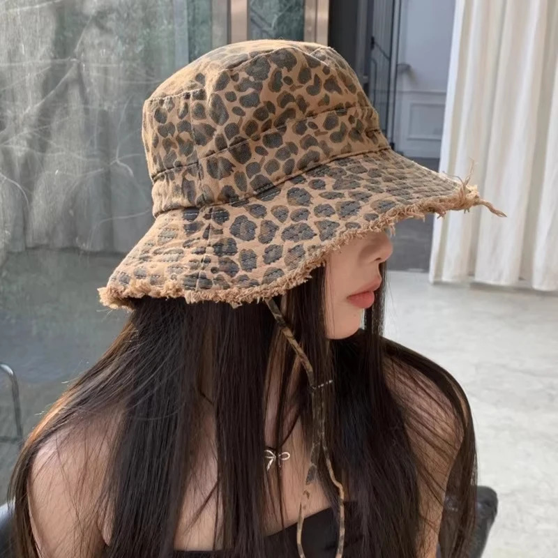 Leopard print fisherman hat for women spring and summer small basin hat large eave thin outdoor sun protection hat 250711