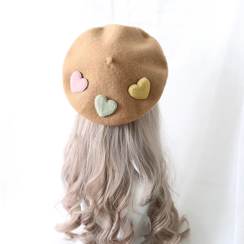 Cute Girls Kawaii Little love Beret Sweet Lolita Headwear Purple Beanies Hat Handmade Wool Felt Women Beret Wholesale 250712