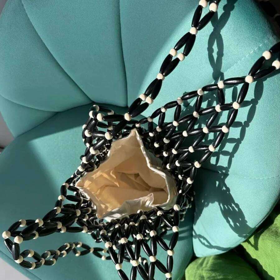 Summer Wooden Bead Hollowed-Out Single-Shoulder Bag Women Patchwork Bucket Bags With Canvas Inner Pocket Woven Beach Handbag Sac