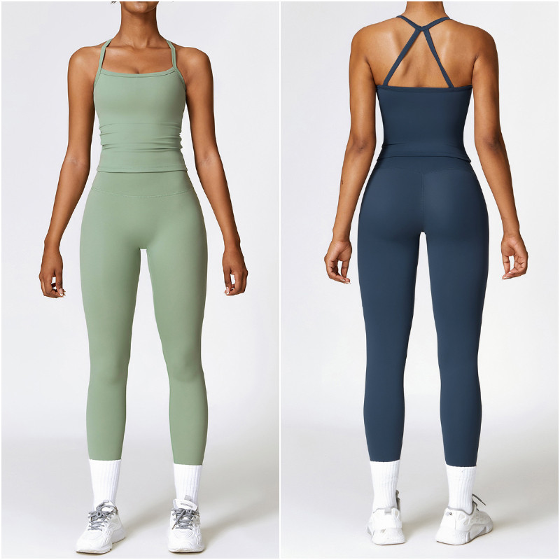 8519 Womens Yoga Outfit Yoga Sets Pants Vest Excerise Close-fitting Trousers Tops Sport Gym Running Trainer Casual Elastic High Waist Sportwear