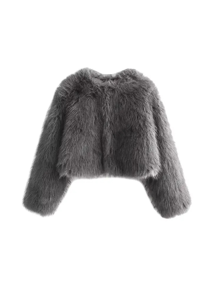 TRZA-Womens Thick Warm Faux Fur Cropped Jacket O Neck Long Sleeve Female Outerwear Chic Tops Fashion 250708