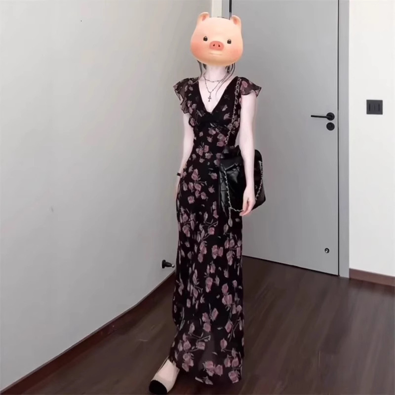 2025 Summer New Women's Skirt Black V Fashion Collar Rose Dress Summer New Elegant Waist Lace Sleeve Chiffon Long Dress Luxury Style Designer Dre