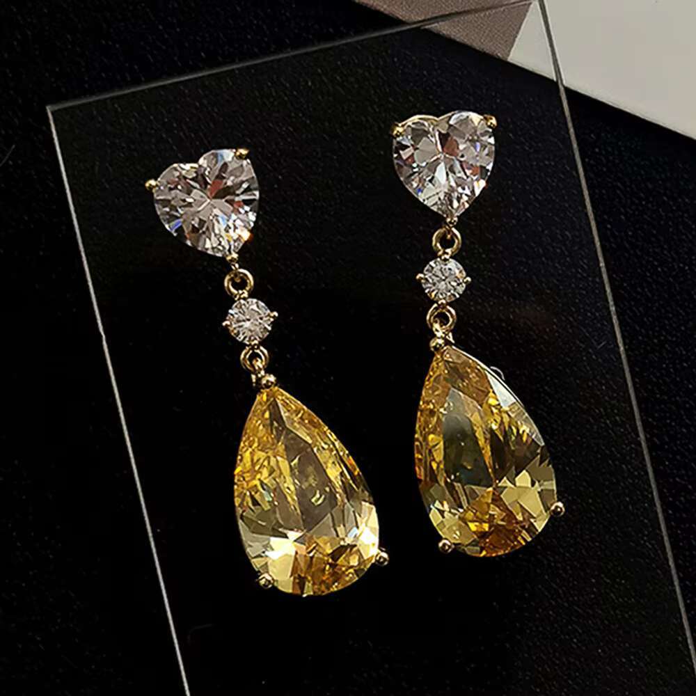 Exquisite Heart Shaped Water Drop Design Yellow Crystal Zircon Earrings for Women Wedding Silver Plated Pendant Earrings