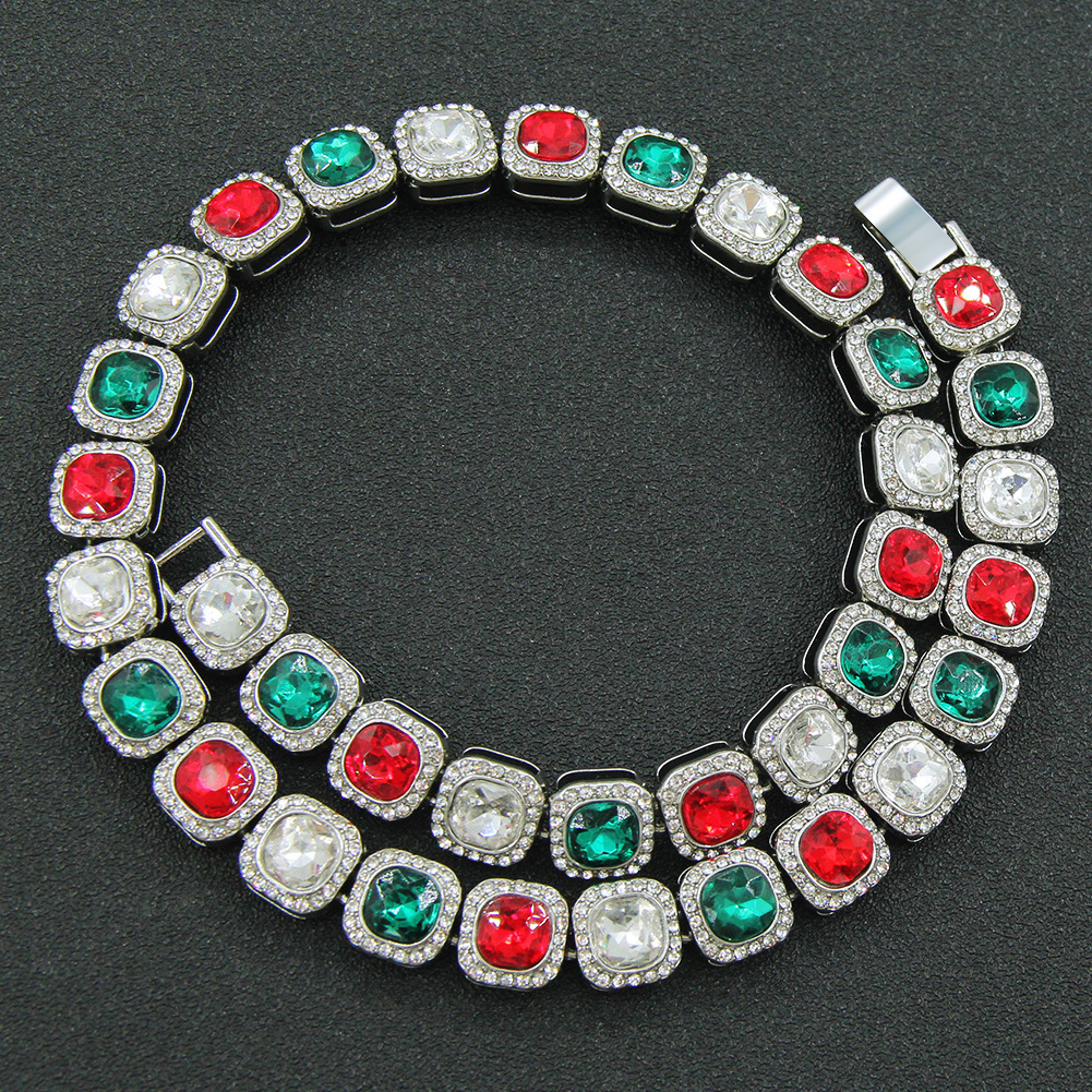 Luxury Jewelry Designer Jewelry European And American Hip-hop Full Diamond Colorful Rhinestone Sugar Cube Chain Necklace Trendy Men's Cool And Do