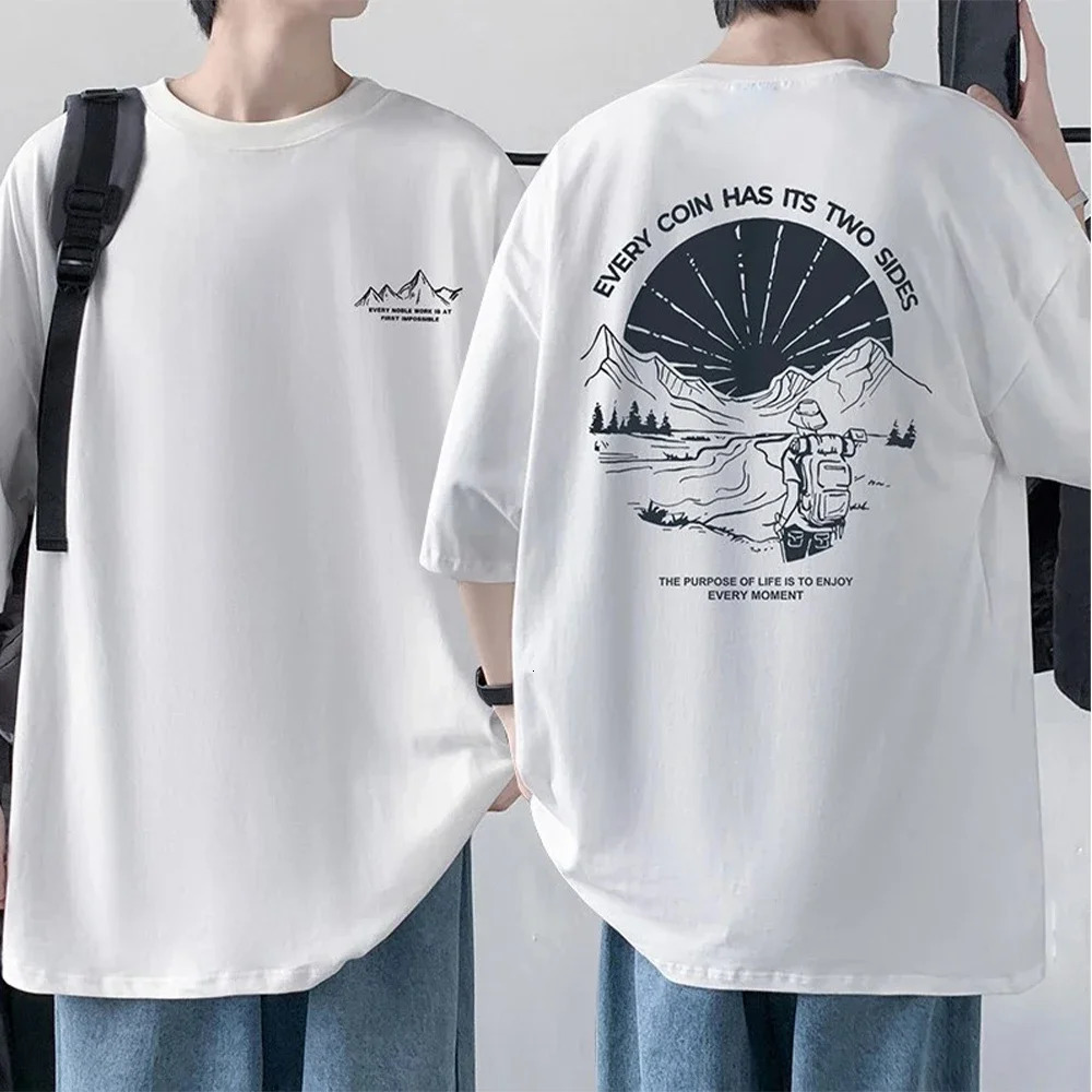 Mens Cotton Tshirt Front Back Print Half Sleeve Summer Loose Oversized Casual Oneck Male Tees 250707