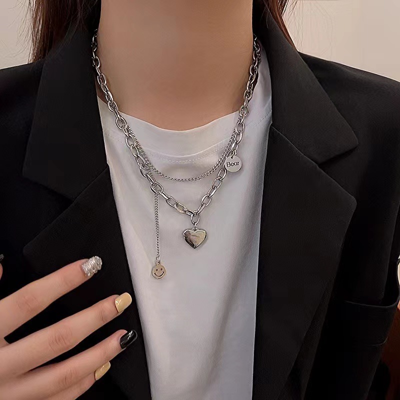 Luxury Jewelry Designer Jewelry Heart Double Layer Titanium Steel Necklace For Women, Ins Hip-hop Style Versatile Sweater Chain, Fashionable High-end 