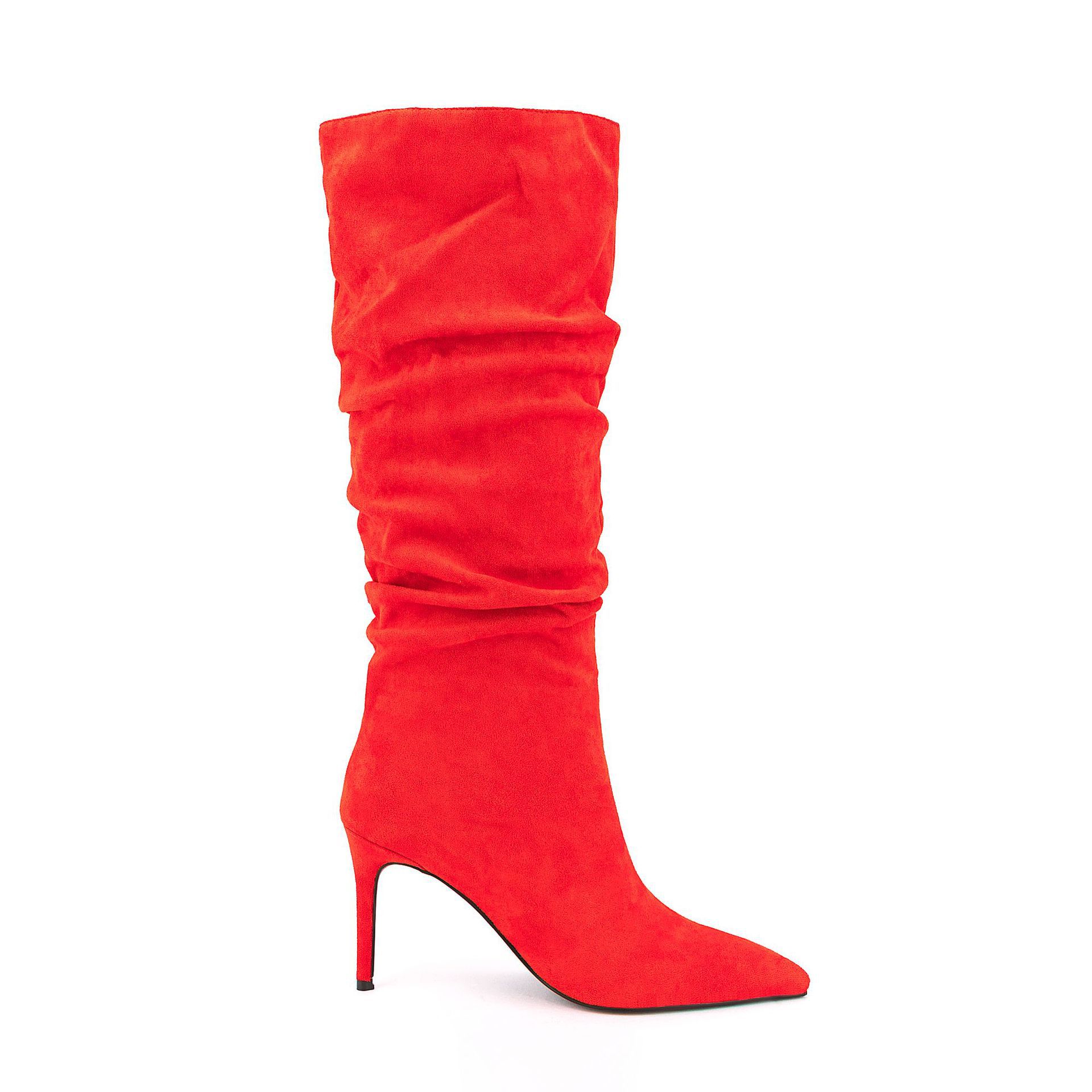 Women's Crinkled Knee High Boots - Pointed Toe Stiletto Heel Faux Fur Lined Fashion Boots