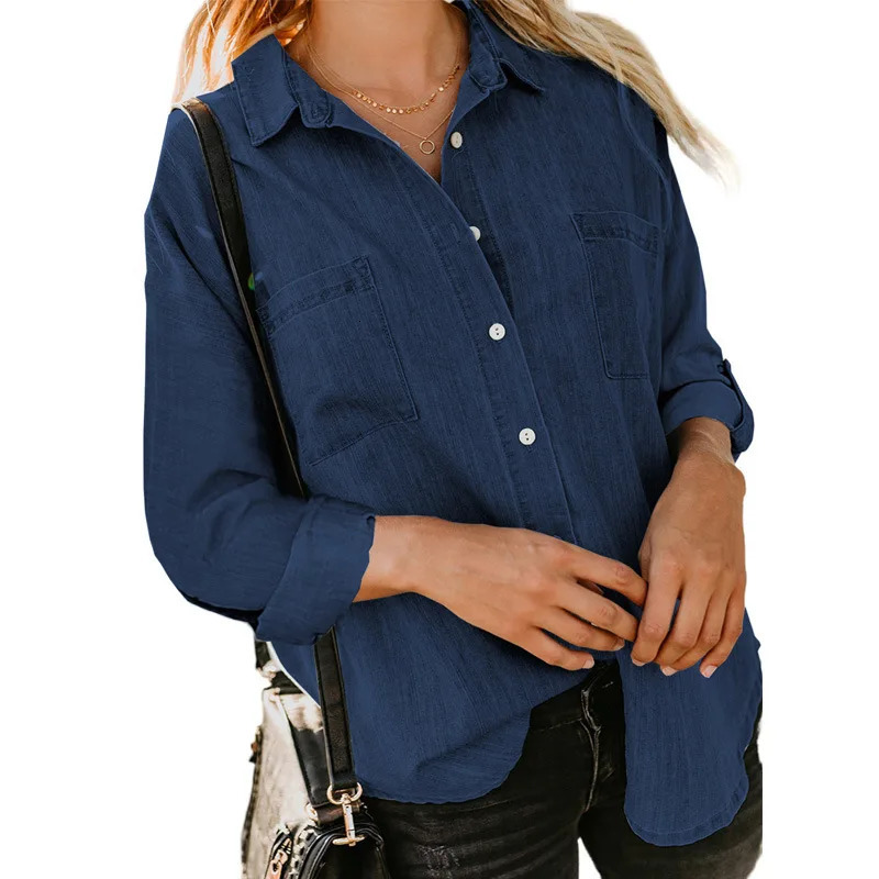 2023 Womens Denim Shirt Spring and Autumn Loose Double Pocket Long Sleeve Joker Casual Coat for Women 250704