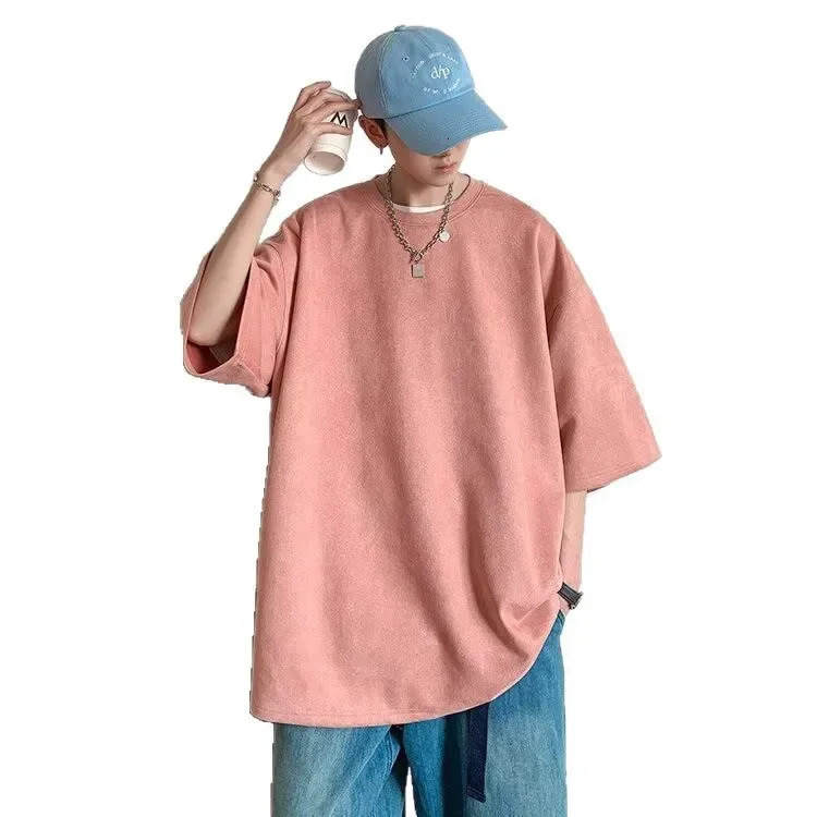 Heavyweight Suede Short Sleeve TShirt Mens Oversize Casual Loose Fit FiveQuarter Tee Summer Comfortable Male Apparel 250707
