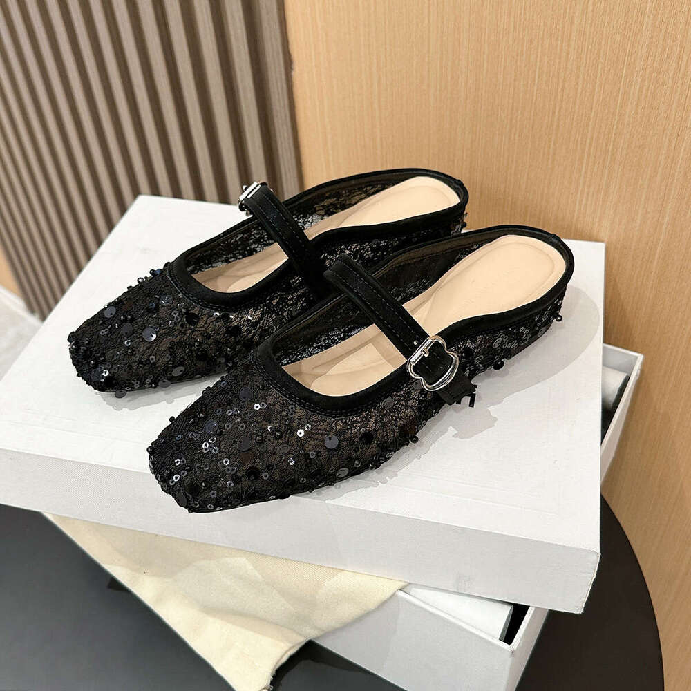 796-18 French Mesh Lace Square Toe Backless New Small Style Flat Single Hidden Wedge Women's Shoes