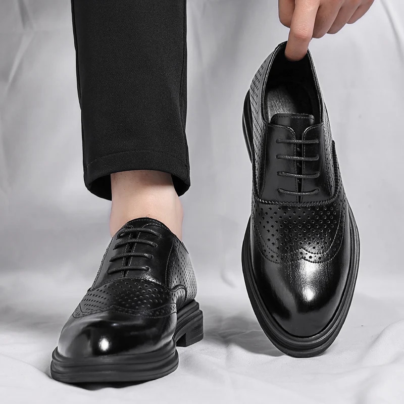 Spring Summer Men Hollow Platform High Heel 6/8 CM Height Growth Formal Men Derby Leather Shoes Man Wedding Dress Elevator Shoes 250712