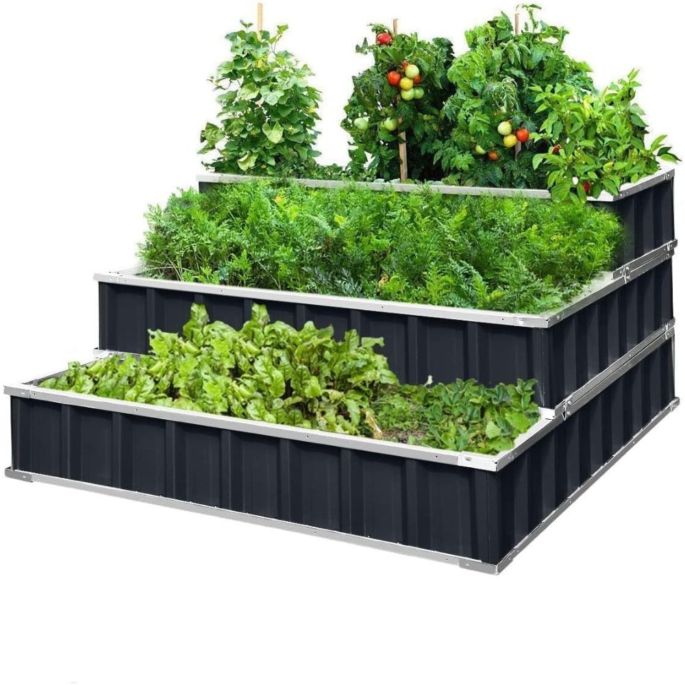 3 Tier Raised Garden Bed Outdoor Metal Patio Planter Box with Gloves, 4' x 4' x 2' for Backyard, Patio to Grow Vegetables, Herbs