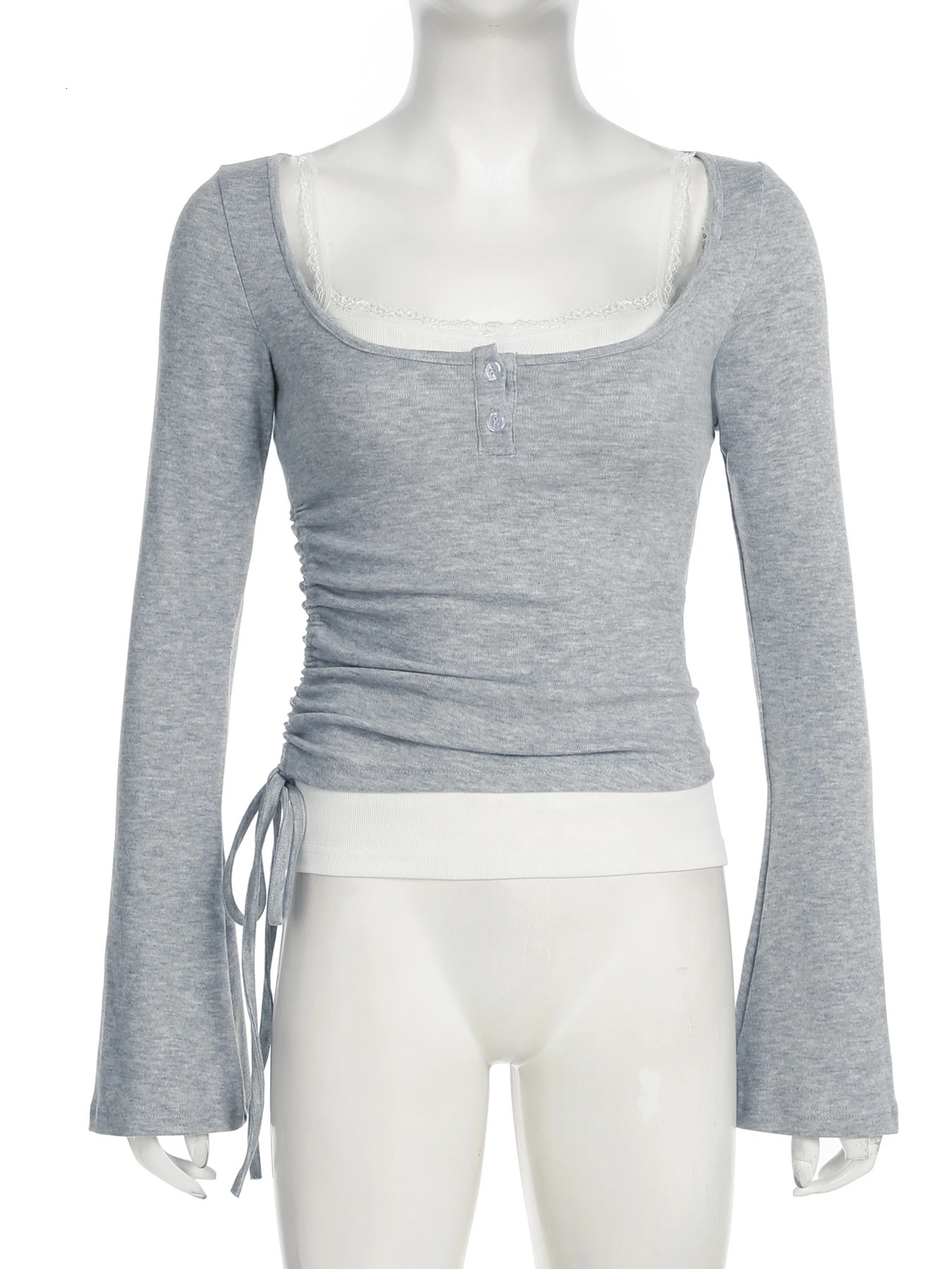 IAMSURE Casual Slim Bandage T Shirt 2 Piece Sweet Square Collar Long Sleeve Tees Women Autumn Spring Fashion Streetwear 250707