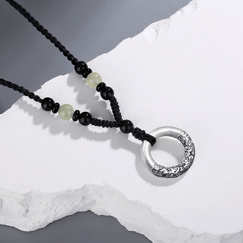 Luxury Jewelry Designer Jewelry Tiqia Real Shot Xiangyun Peace Buckle Necklace For Men, Pure Silver 999, Retro National Trend, Black Agate Beaded Brai