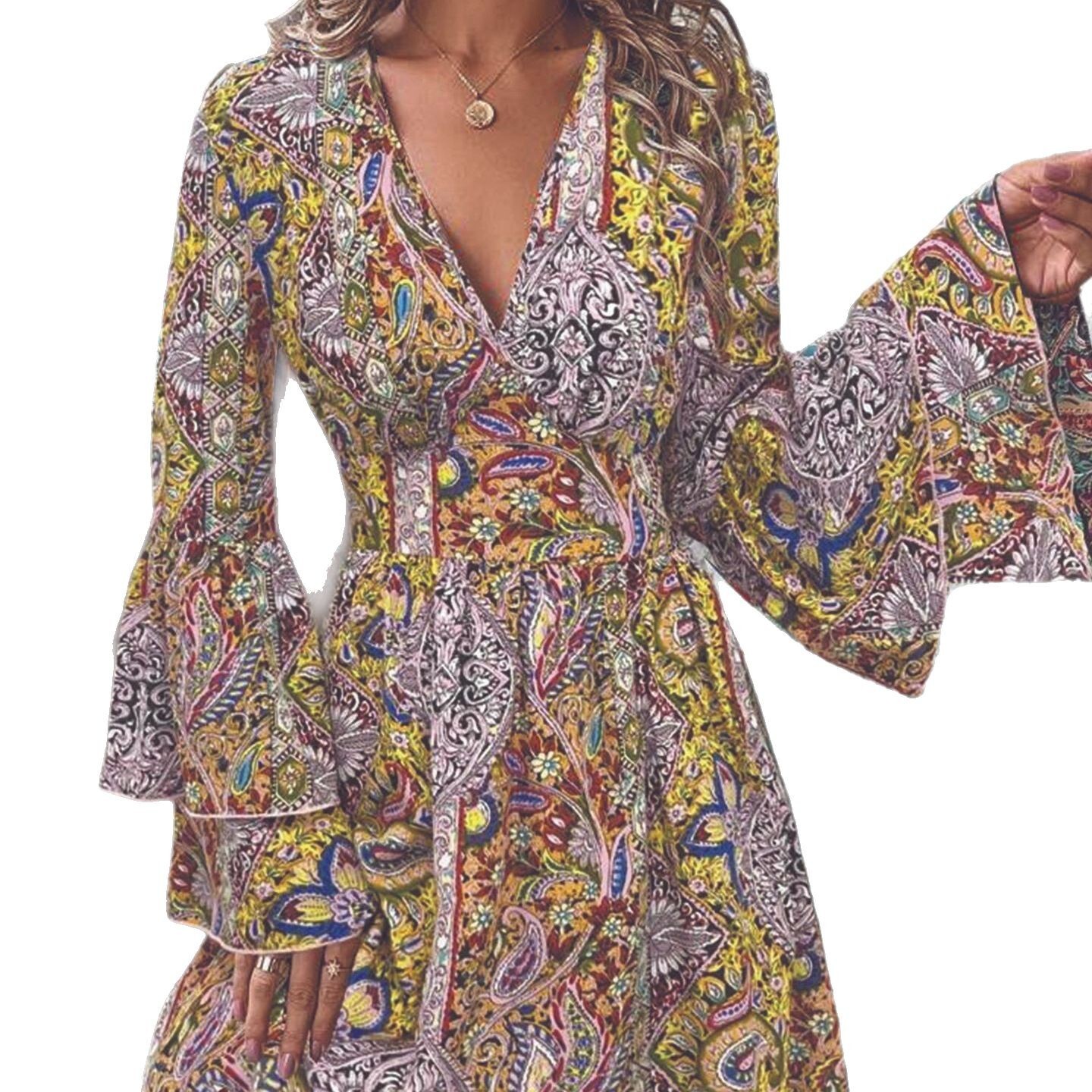 2025 Summer New Women's Skirt New Fashionable and Elegant Women's Printed V-neck Trumpet Sleeve Dress New Luxury Designer Women's Skirt