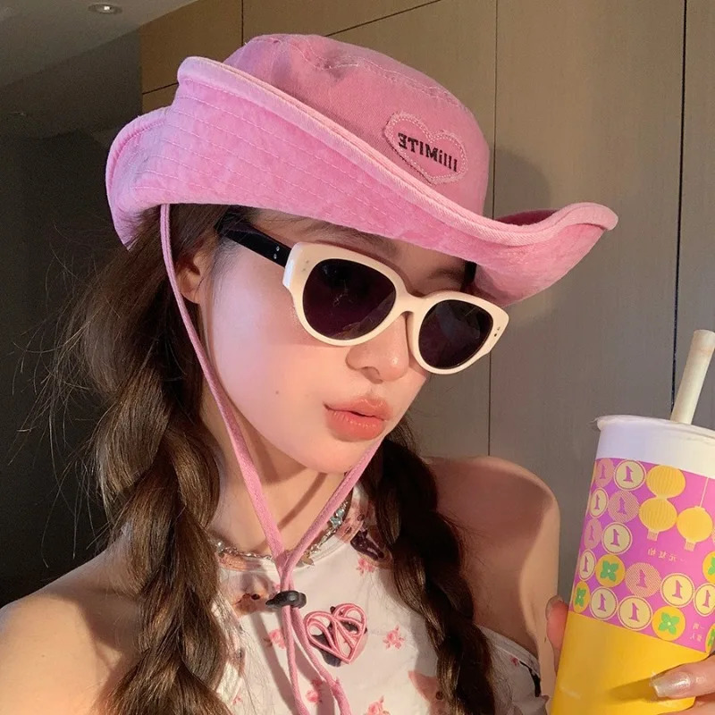 Japanese Retro Washed Cowboy Hats for Women Spring and Summer Outdoor Camping Sun Protection Sweet Pink Love Bucket Caps 250711