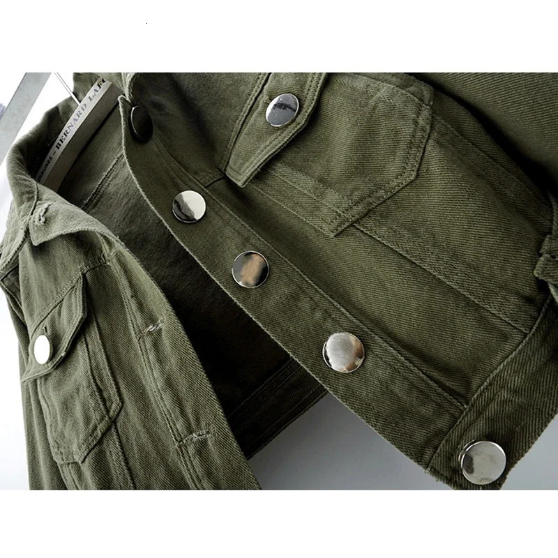 Autumn Vintage Army Green Black Khaki Denim Jacket Women Hem Belt Big Pocket Cowboy Outerwear Loose Short Jeans Jackets Female 250709